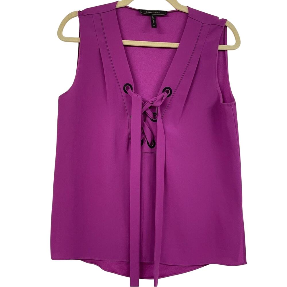 BCBGMaxAzria Purple Sleeveless Lace Up Womens Blouse XS Comfy Stylish Loose Fit